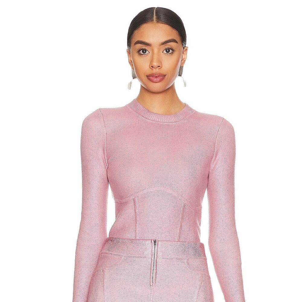 NBD‎ Talya Metallic Coated Sweater Pink Long Sleeve Ribbed Neck Pullover Sz S